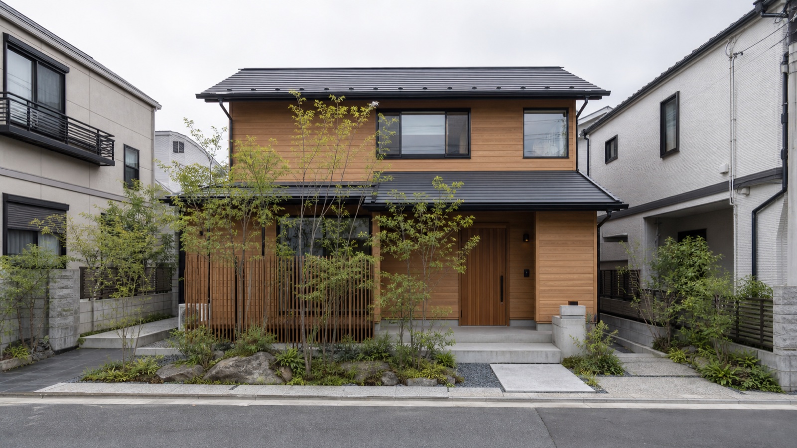 木と左官を組み合わせた三軒茶屋の2階建戸建外観